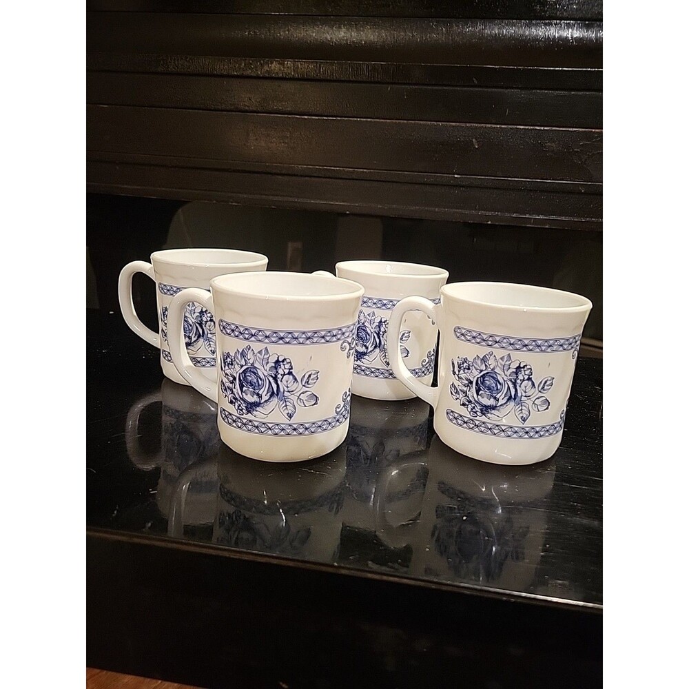 ARCOPAL France Honorine Blue Rose Floral Milk White Glass Coffee Tea Cup Mug 4pc